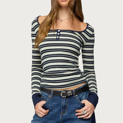 Square Neck Striped Long Sleeve Knit Top