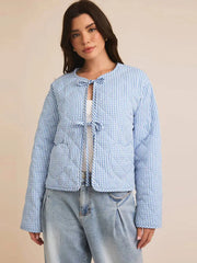 Blue Gingham Heart-Shaped Pocket Padded Jacket