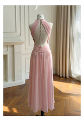 Pink Pleated High Neck Rhinestone Chain Open Back Maxi Dress