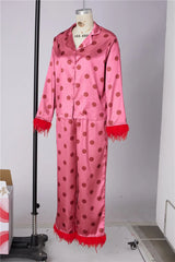 Polka Dot Satin Feather Cuff Shirt And Long Trousers Set