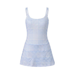 Blue Gingham Spaghetti Strap Criss Cross Back Mini Dress