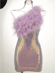 Purple One Shoulder Sequin Feather Mini Dress