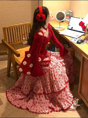 Red Strawberry Print Tassel Long Skirt - Sweet Ball Gown A-Line