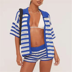 Striped Crochet Knit Short Sleeve Button Down Shirt and Shorts Hollow Out Set