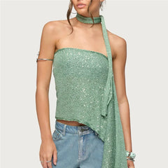 Sequin Knit Tube Top with Long Neck Scarf