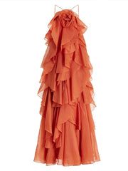 Flower Ruffles Halter Long Dress