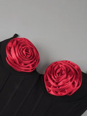 Red Satin 3d Rose Mini Skirt And Corset Top Set