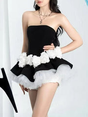 Black Frill 3d Flower Waist Desgin Strapless Blommers Layer Mini Dress