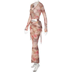 Sheer Printed V Neck Long Sleeve T-shirt And Trouser Matching Set