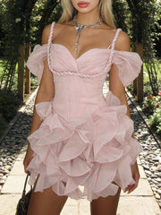 Ruffle Braided Strap Off-Shoulder Mini Dress