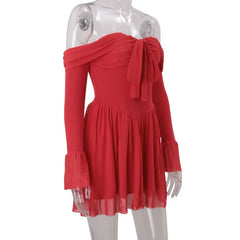 Bow Tie Up Off Shoulder Long Sleeve Short Dress