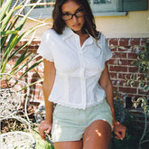 White Lace Trim Collared Short Sleeve Button-up Blouse