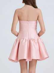 Satin Pink 3D Flower A Line Mini Dress