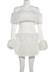 White Off-Shoulder Long Sleeve Fur Trim Mini Dress