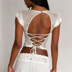 White Crochet Back Tie Up Cut Out Crop Top