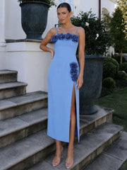 Spaghetti Strap 3d Flower Applique Slit Midi Dress