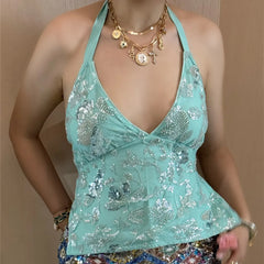 Sequin Open Back Tie Up Top