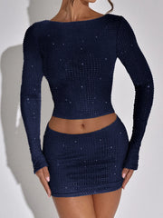 Sequin Solid Long Sleeve Top And Mini Skirt Set