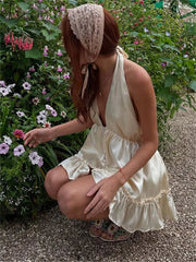 White Satin V-Neck Buttoned Mini Dress