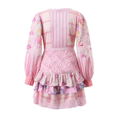 Pink Long Sleeve Floral Patchwork Tiered Mini Dress