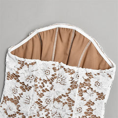 White Strapless Lace Corset Ruched Hem Bodycon Mini Dress