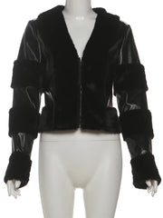 Black Faux Leather Patchwork Plush Crop Jacket
