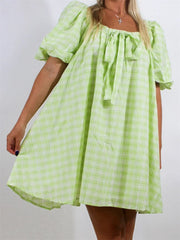 Plaid Bodydoll Puff Sleeve Mini Dress