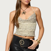 Sequin Halter Back Tie Up Strappy Top