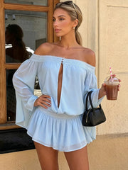 Blue Off-Shoulder Flared Sleeve Mini Dress
