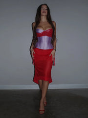 Purple Corset Fake Layer Bra Vest And Irregular Hem Red Skirt Set