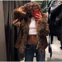 Faux Fur Plush Lapel Brown Jacket