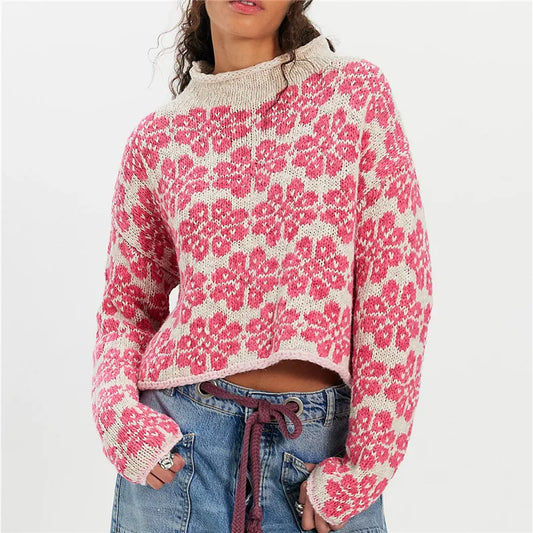 Floral Jacquard Cropped Knit Roll Neck Sweater