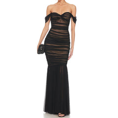 Black Mesh Off-shoulder Pleated Long Dress