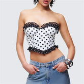 White Polka Dot Strapless Ruffle Edge Corset Crop Top