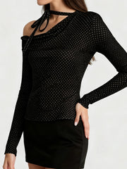 Tie-up Strap Dot Print Off The Shoulder Long Sleeve Top
