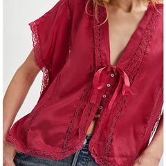 Lace Trim Sheer Tie-up Button Top