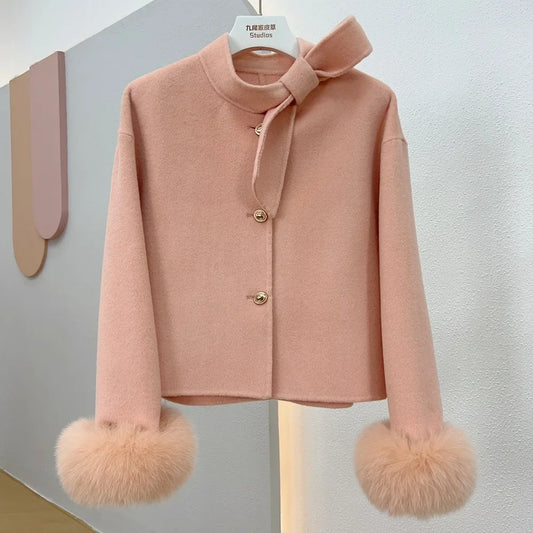 Faux Fur Cuff Cashmere Woolen Jacket