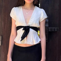 Deep V Neck White Front Bowknot Crop Top