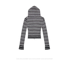 Knit Striped Long Sleeve Zip Hooded Top