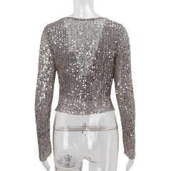 Knit Sequin Cowl Neck Long Sleeve Top