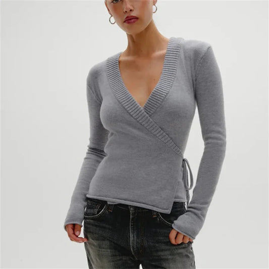 Grey Knitted Wrap Cardigan Top