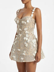 3D Flower Sequin Strappy Mini Dress