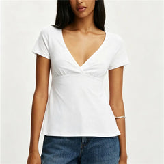 Solid V-Neck Short Sleeve Back Tie Up Top
