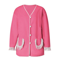 Long Sleeve Button‑Down Tassel Fringe Pocket Top And Elastic Waist Shorts Loungewear Set
