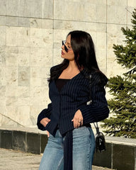 Stripe Tailored Coat With Scarf Top