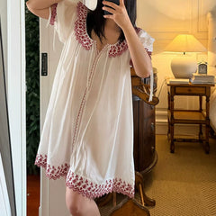 White Embroidered Collar Mini Night Gown