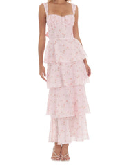 Flower Print Tiered Back Tie Up Maxi Dress