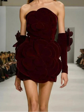Velvet 3D Flower Strapless Mini Dress With Gloves