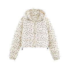 Polka Dot Zip Up Drawstring Hem Hooded Jacket