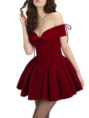 Red off-shoulder dress worn by a model on a white background